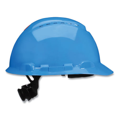 Image of 3M SecureFit H-Series Hard Hats, H-700 Vented Cap with UV Indicator, 4-Point Pressure Diffusion Ratchet Suspension, Blue