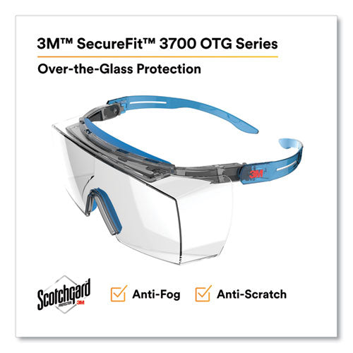 Image of 3M SecureFit Protective Eyewear, 3700 OTG Series, Blue Plastic Frame, Clean Polycarbonate Lens