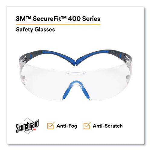 Image of 3M SecureFit Protective Eyewear, 400 Series, Black/Blue Plastic Frame, Clear Polycarbonate Lens