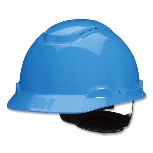 Image of 3M SecureFit H-Series Hard Hats, H-700 Vented Cap with UV Indicator, 4-Point Pressure Diffusion Ratchet Suspension, Blue