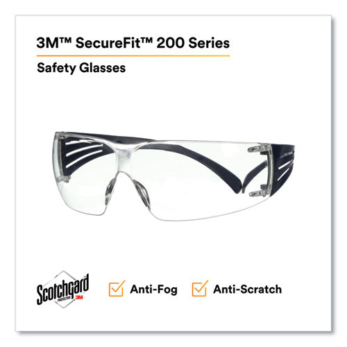 Image of 3M SecureFit Protective Eyewear, 200 Series, Dark Blue Plastic Frame, Clear Polycarbonate Lens