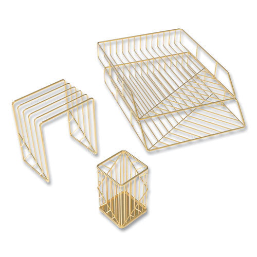 Image of U Brands Vena Desktop Organization Kit, 8 Compartments, Letter Sorter, Paper Tray, Pencil Cup, Gold, Metal