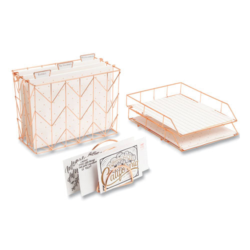 Image of U Brands Letter-Size Desktop Fashion Filing Set, Rose Gold, (1) Rack, (3) Hanging Folders, (3) File Folders, (2) Trays,(1) Mail Sorter