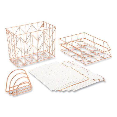 Image of U Brands Letter-Size Desktop Fashion Filing Set, Rose Gold, (1) Rack, (3) Hanging Folders, (3) File Folders, (2) Trays,(1) Mail Sorter
