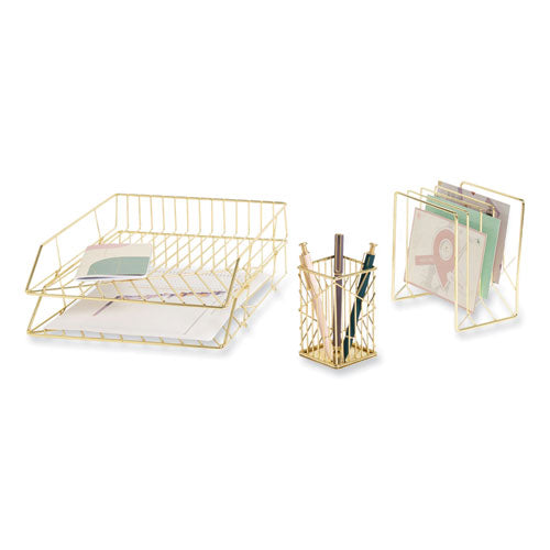 Image of U Brands Vena Desktop Organization Kit, 8 Compartments, Letter Sorter, Paper Tray, Pencil Cup, Gold, Metal