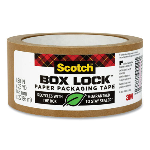 Image of Scotch® Box Lock Paper Packaging Tape, 3" Core, 1.88" x 25 yds, Brown