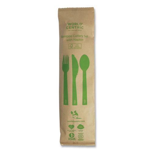 Image of World Centric® Bamboo Cutlery, Fork/Knife/Napkin/Spoon, Paper, Natural, 250/Carton