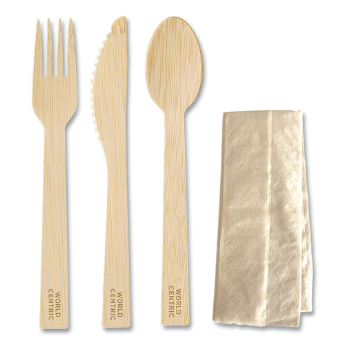 Image of World Centric® Bamboo Cutlery, Fork/Knife/Napkin/Spoon, Paper, Natural, 250/Carton
