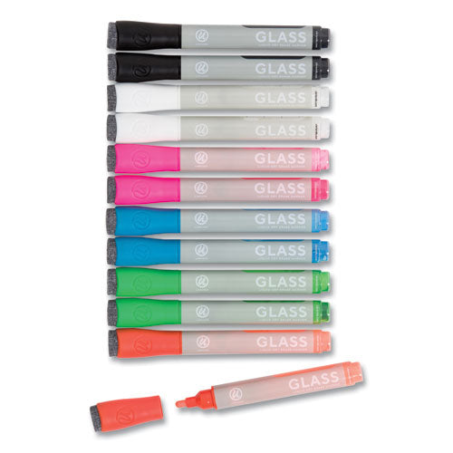 Image of U Brands Bullet Tip Low-Odor Liquid Glass Markers With Erasers, Broad Bullet Tip, Assorted Colors, 12/pack