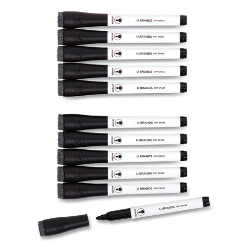 Image of U Brands Medium Point Low-Odor Dry-Erase Markers With Erasers, Medium Bullet Tip, Black, Dozen