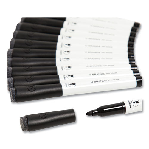 Image of U Brands Medium Point Low-Odor Dry-Erase Markers With Erasers, Medium Bullet Tip, Black, Dozen