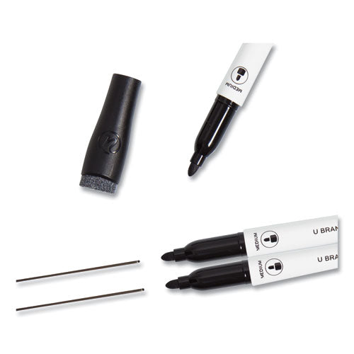 Image of U Brands Medium Point Low-Odor Dry-Erase Markers With Erasers, Medium Bullet Tip, Black, Dozen