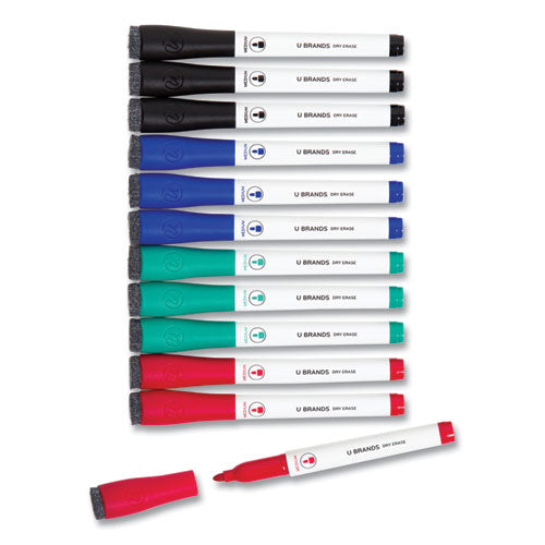 Image of U Brands Medium Point Low-Odor Dry-Erase Markers With Erasers, Medium Bullet Tip, Assorted Colors, 12/pack