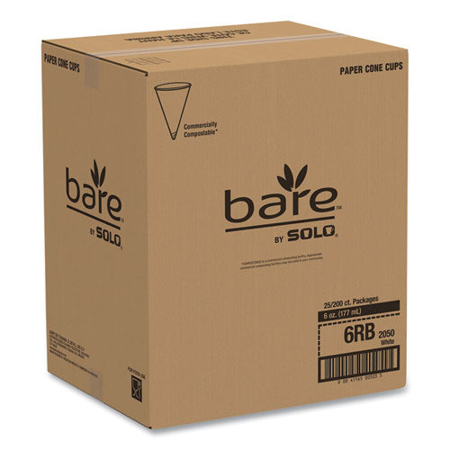 Image of SOLO® Bare Eco-Forward Treated Paper Cone Cups, 6 oz, White, 200/Sleeve, 25 Sleeves/Carton