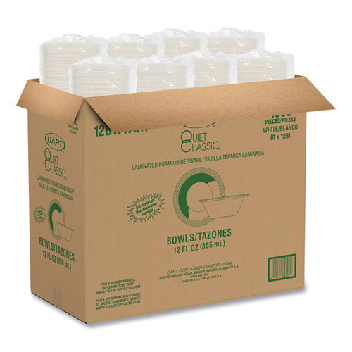 Image of Dart® Quiet Classic Laminated Foam Dinnerware Bowls, 10 To 12 Oz, White, 125/pack, 8 Packs/carton