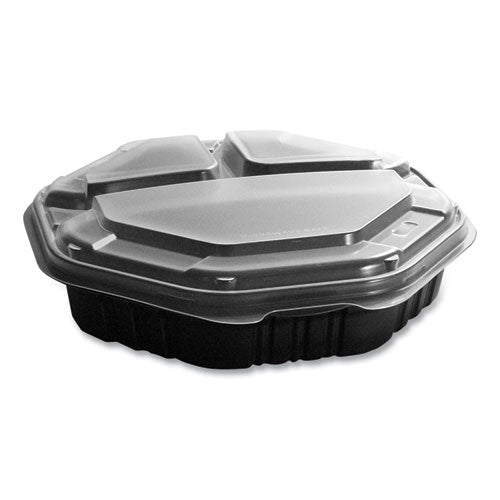 Image of SOLO® OctaView Hinged-Lid Hot Food Containers, 3 Compartments, 38 oz, 9.55 x 9.1 x 2.4, Black/Clear, Plastic, 100/Carton