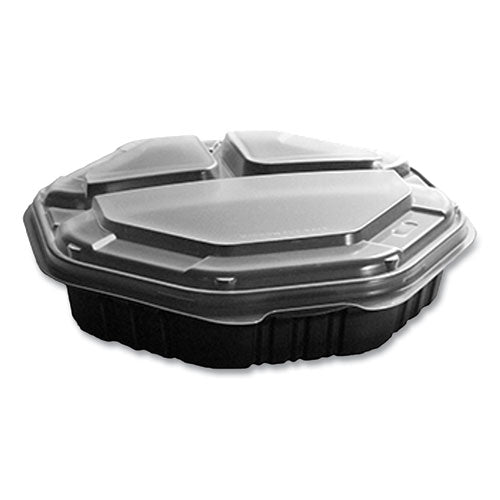 Image of SOLO® OctaView Hinged-Lid Hot Food Containers, 3 Compartments, 38 oz, 9.55 x 9.1 x 2.4, Black/Clear, Plastic, 100/Carton