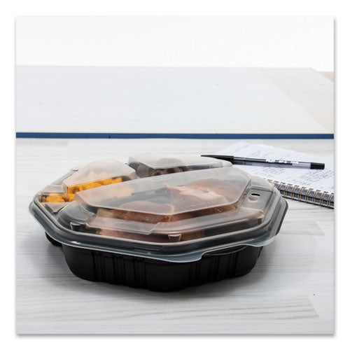 Image of SOLO® OctaView Hinged-Lid Hot Food Containers, 3 Compartments, 38 oz, 9.55 x 9.1 x 2.4, Black/Clear, Plastic, 100/Carton