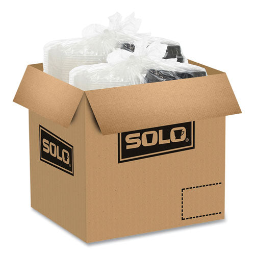 Image of SOLO® OctaView Hinged-Lid Hot Food Containers, 3 Compartments, 38 oz, 9.55 x 9.1 x 2.4, Black/Clear, Plastic, 100/Carton
