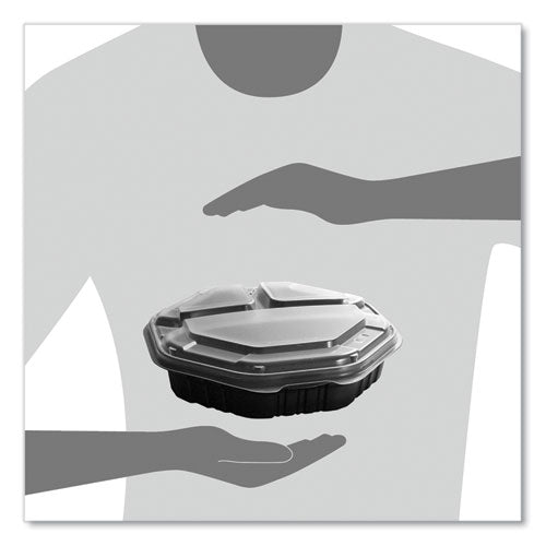 Image of SOLO® OctaView Hinged-Lid Hot Food Containers, 3 Compartments, 38 oz, 9.55 x 9.1 x 2.4, Black/Clear, Plastic, 100/Carton