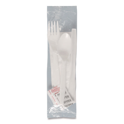 Image of SOLO® Regal Mediumweight Cutlery Kit, Individually Wrapped, Fork/Knife/Napkin/Spoon/Salt/Pepper, Plastic, White, 750/Carton
