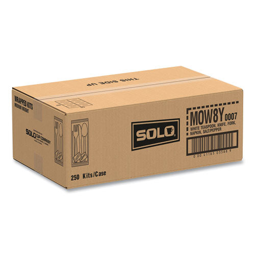 Image of SOLO® Regal Mediumweight Cutlery Kit, Individually Wrapped, Fork/Knife/Napkin/Spoon/Salt/Pepper, Plastic, White, 750/Carton