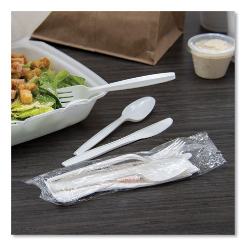 Image of SOLO® Regal Mediumweight Cutlery Kit, Individually Wrapped, Fork/Knife/Napkin/Spoon/Salt/Pepper, Plastic, White, 750/Carton