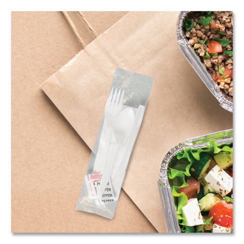 Image of SOLO® Regal Mediumweight Cutlery Kit, Individually Wrapped, Fork/Knife/Napkin/Spoon/Salt/Pepper, Plastic, White, 750/Carton