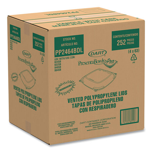 Image of Dart® PresentaBowls Pro Clear Square Bowl Lids, Large Vented Square, 8.5 x 8.5 x 1, Clear, Plastic, 63/Bag, 4 Bags/Carton