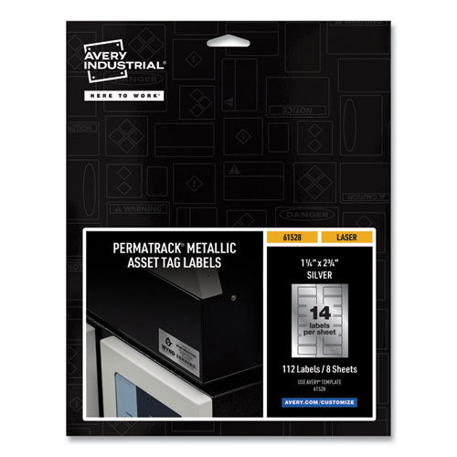 Image of Avery® Permatrack Metallic Asset Tag Labels, Laser Printers, 1.25 X 2.75, Silver, 14/sheet, 8 Sheets/pack