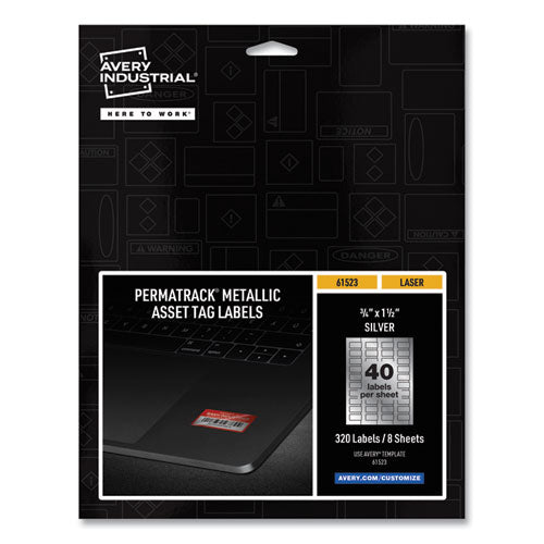 Image of Avery® Permatrack Metallic Asset Tag Labels, Laser Printers, 0.75 X 1.5, Metallic Silver, 40/sheet, 8 Sheets/pack