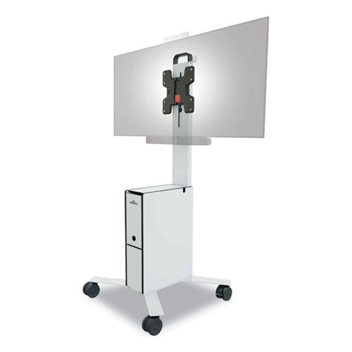 Image of Durable® Mobile TV Cart COWORKSATION, Engineered Wood, 3 Shelves, Supports 40 lb, 22.5" x 22.6" x 50.89", White