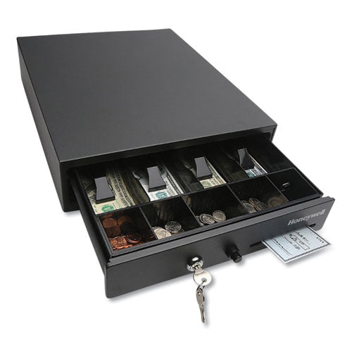Image of Honeywell Space-Saving Steel Cash Drawer, 4 Bill, 5 Coin Slots, Key Lock, 17 X 13 X 4, Black