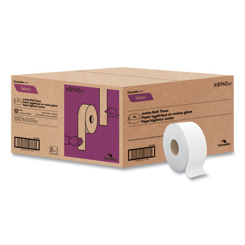 Image of Cascades PRO Select Jumbo Bath Tissue, Septic Safe, 2-Ply, White, 3.3" X 1,000 Ft, 12 Rolls/carton
