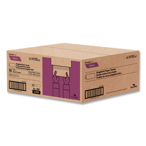 Image of Cascades PRO Select Folded Paper Towels, Single-Fold, 1-Ply, 9 x 9.45, Natural Brown, 250/Pack, 16 Packs/Carton
