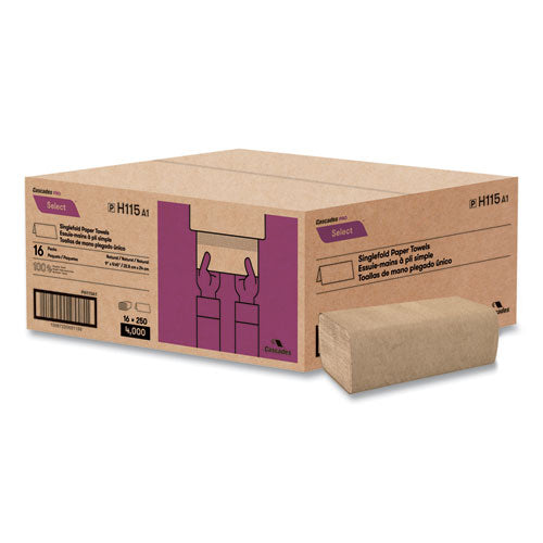 Image of Cascades PRO Select Folded Paper Towels, Single-Fold, 1-Ply, 9 x 9.45, Natural Brown, 250/Pack, 16 Packs/Carton