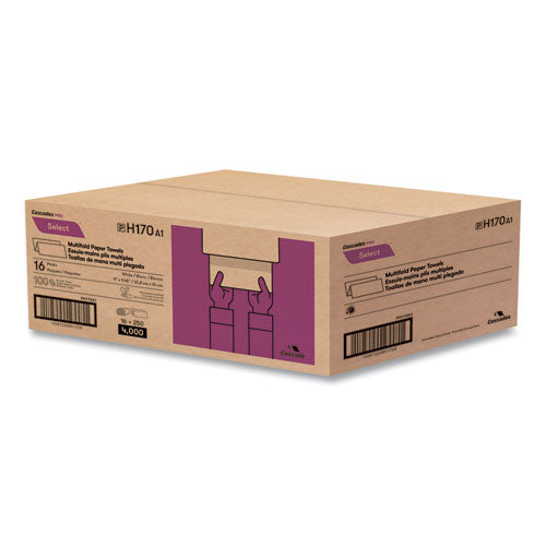 Image of Cascades PRO Select Folded Paper Towels, Multifold, 1-Ply, 9.13 x 9.5, White, 250/Pack, 16 Packs/Carton