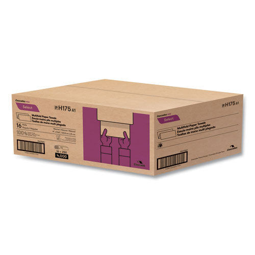 Image of Cascades PRO Select Folded Towels, Multifold, 1-Ply, 9 x 9.45, Natural, 250/Pack, 16 Packs/Carton