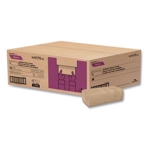 Image of Cascades PRO Select Folded Towels, Multifold, 1-Ply, 9 x 9.45, Natural, 250/Pack, 16 Packs/Carton