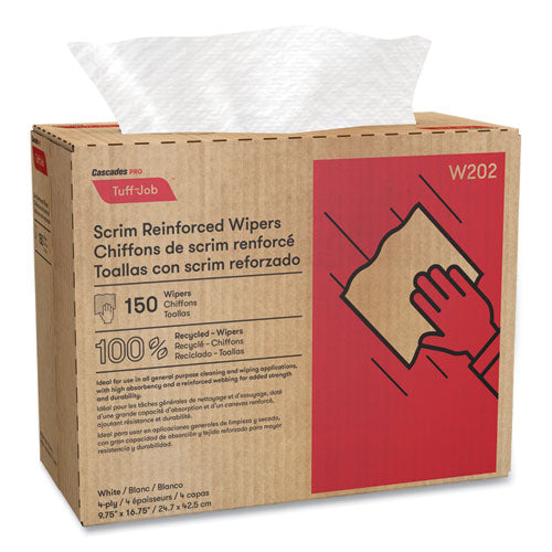 Image of Cascades PRO Tuff-Job Scrim Reinforced Wipers, 4-Ply, 9.75 x 16.75, White, 150/Box, 6 Box/Carton