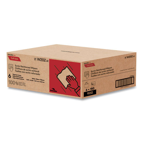 Image of Cascades PRO Tuff-Job Scrim Reinforced Wipers, 4-Ply, 9.75 x 16.75, White, 150/Box, 6 Box/Carton