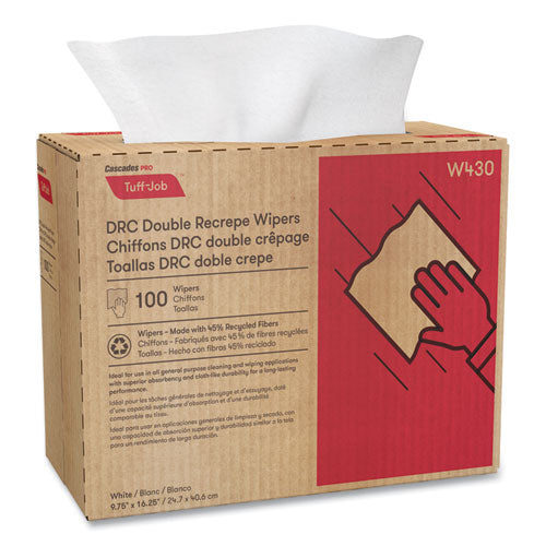 Image of Cascades PRO Tuff-Job Double Recrepe Wipers, 9.75 X 16.5, White, 100/box, 8 Box/carton