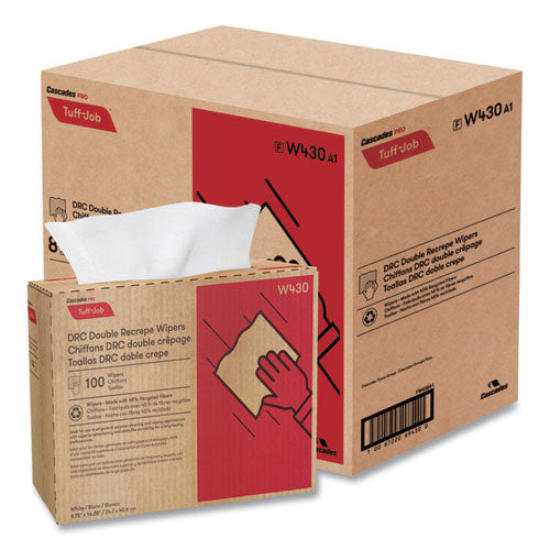 Image of Cascades PRO Tuff-Job Double Recrepe Wipers, 9.75 X 16.5, White, 100/box, 8 Box/carton