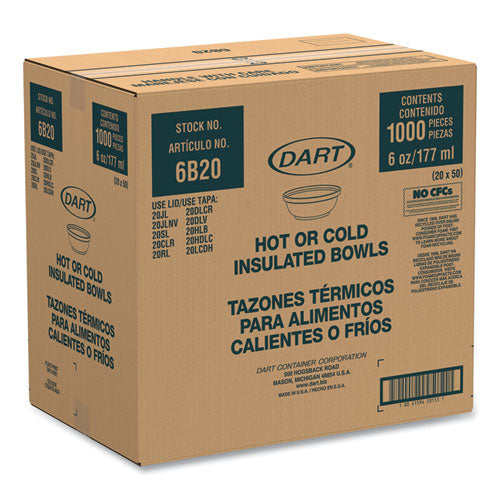 Image of Dart® Insulated Foam Bowls, 6 Oz, White, 50/pack, 20 Packs/carton