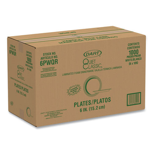 Image of Dart® Quiet Classic Laminated Foam Dinnerware Plates, 6" dia, White, 125/Pack, 8 Packs/Carton