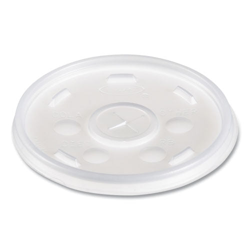 Image of Dart® Plastic Lids for Foam Cups/Bowls/Containers, Flat with Straw Slot, Fits 6 oz to 14 oz, Translucent, 100/Pack, 10 Packs/Carton
