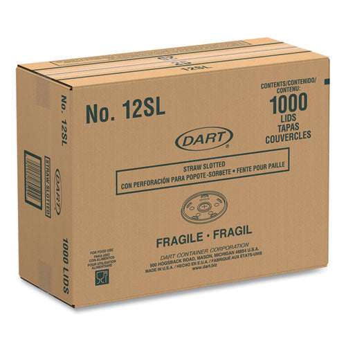 Image of Dart® Plastic Lids for Foam Cups/Bowls/Containers, Flat with Straw Slot, Fits 6 oz to 14 oz, Translucent, 100/Pack, 10 Packs/Carton