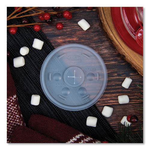 Image of Dart® Plastic Lids for Foam Cups/Bowls/Containers, Flat with Straw Slot, Fits 6 oz to 14 oz, Translucent, 100/Pack, 10 Packs/Carton