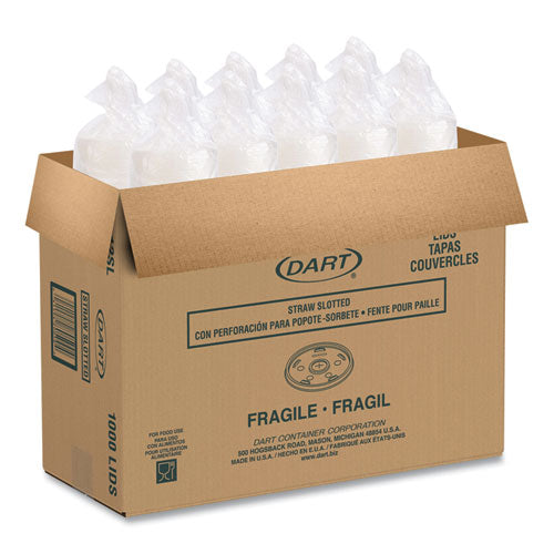 Image of Dart® Plastic Lids for Foam Cups/Bowls/Containers, Flat with Straw Slot, Fits 6 oz to 14 oz, Translucent, 100/Pack, 10 Packs/Carton