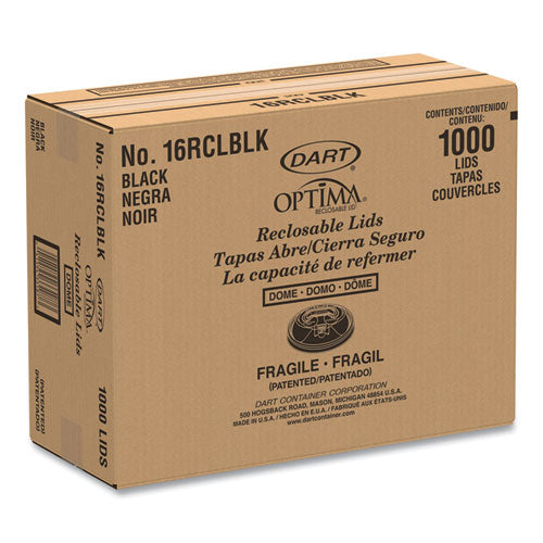 Image of Dart® Optima Reclosable Lid, Fits 12 oz to 24 oz Hot Cups, Plastic, Black, 100/Pack, 10 Packs/Carton